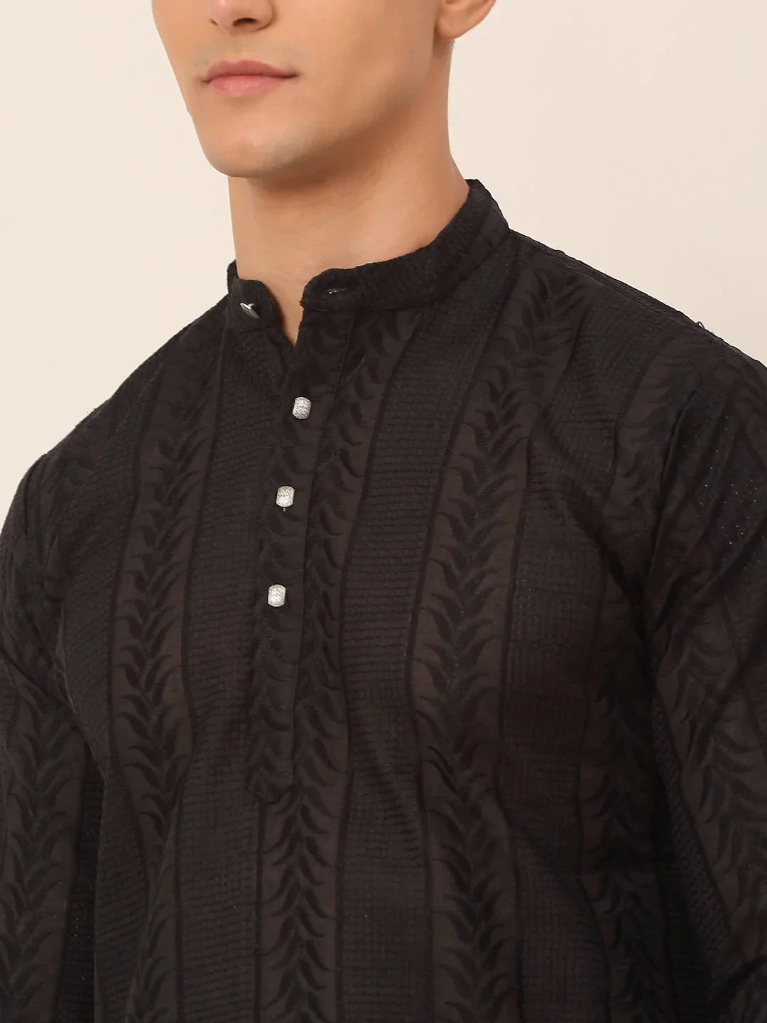 Jompers Men's Pure Cottom Embroidered Kurta Pyjama Set - Black - Distacart