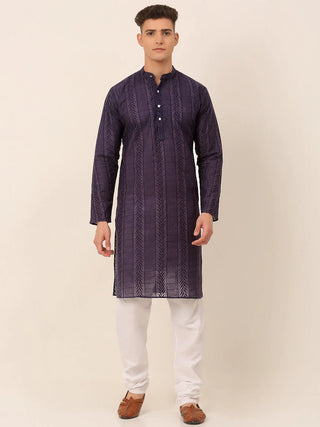 Jompers Men's Pure Cottom Embroidered Kurta Pyjama Set - Navy Blue - Distacart