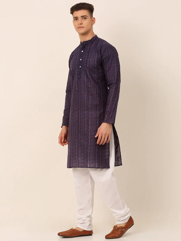 Jompers Men's Pure Cottom Embroidered Kurta Pyjama Set - Navy Blue - Distacart