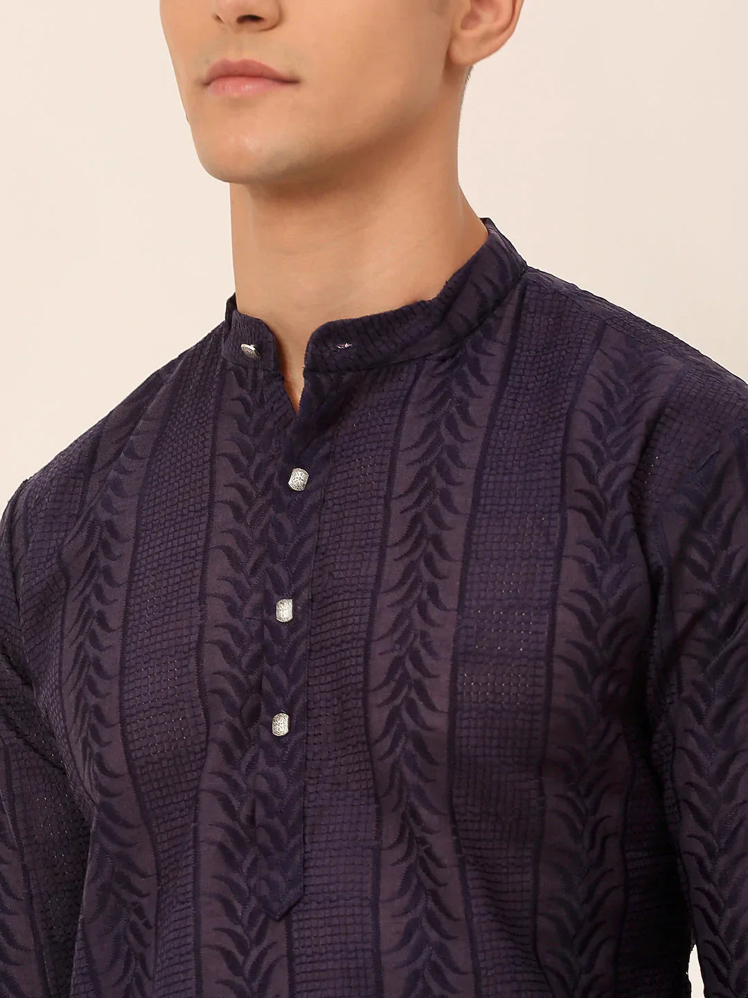 Jompers Men's Pure Cottom Embroidered Kurta Pyjama Set - Navy Blue - Distacart