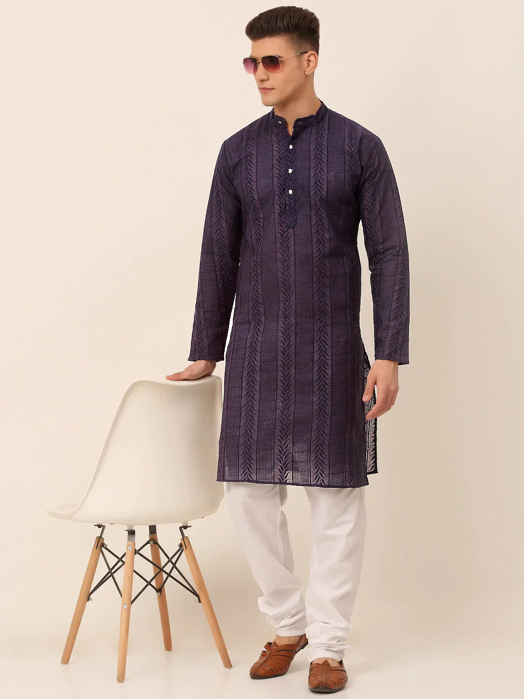 Jompers Men's Pure Cottom Embroidered Kurta Pyjama Set - Navy Blue - Distacart