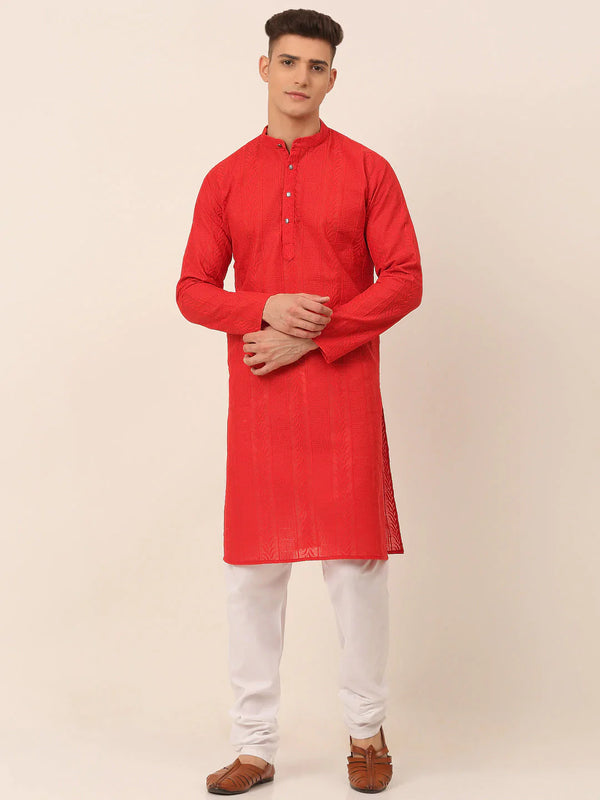Jompers Men's Pure Cottom Embroidered Kurta Pyjama Set - Red - Distacart