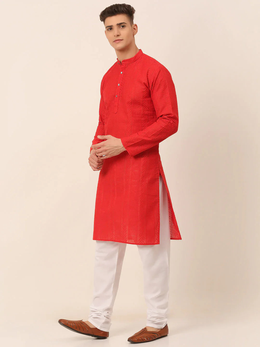 Jompers Men's Pure Cottom Embroidered Kurta Pyjama Set - Red - Distacart