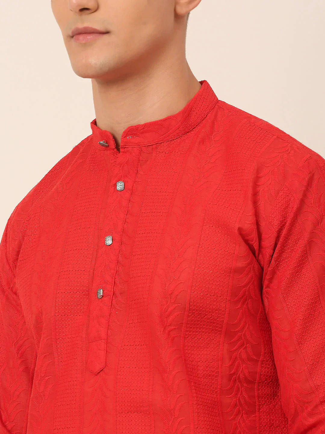 Jompers Men's Pure Cottom Embroidered Kurta Pyjama Set - Red - Distacart