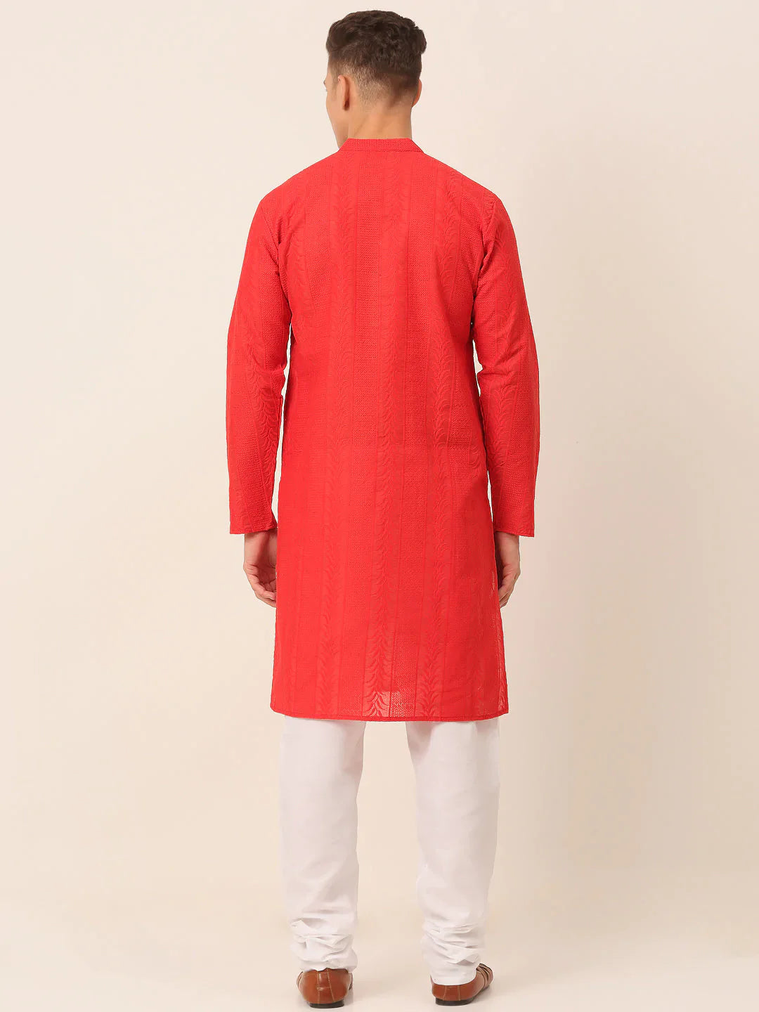 Jompers Men's Pure Cottom Embroidered Kurta Pyjama Set - Red - Distacart