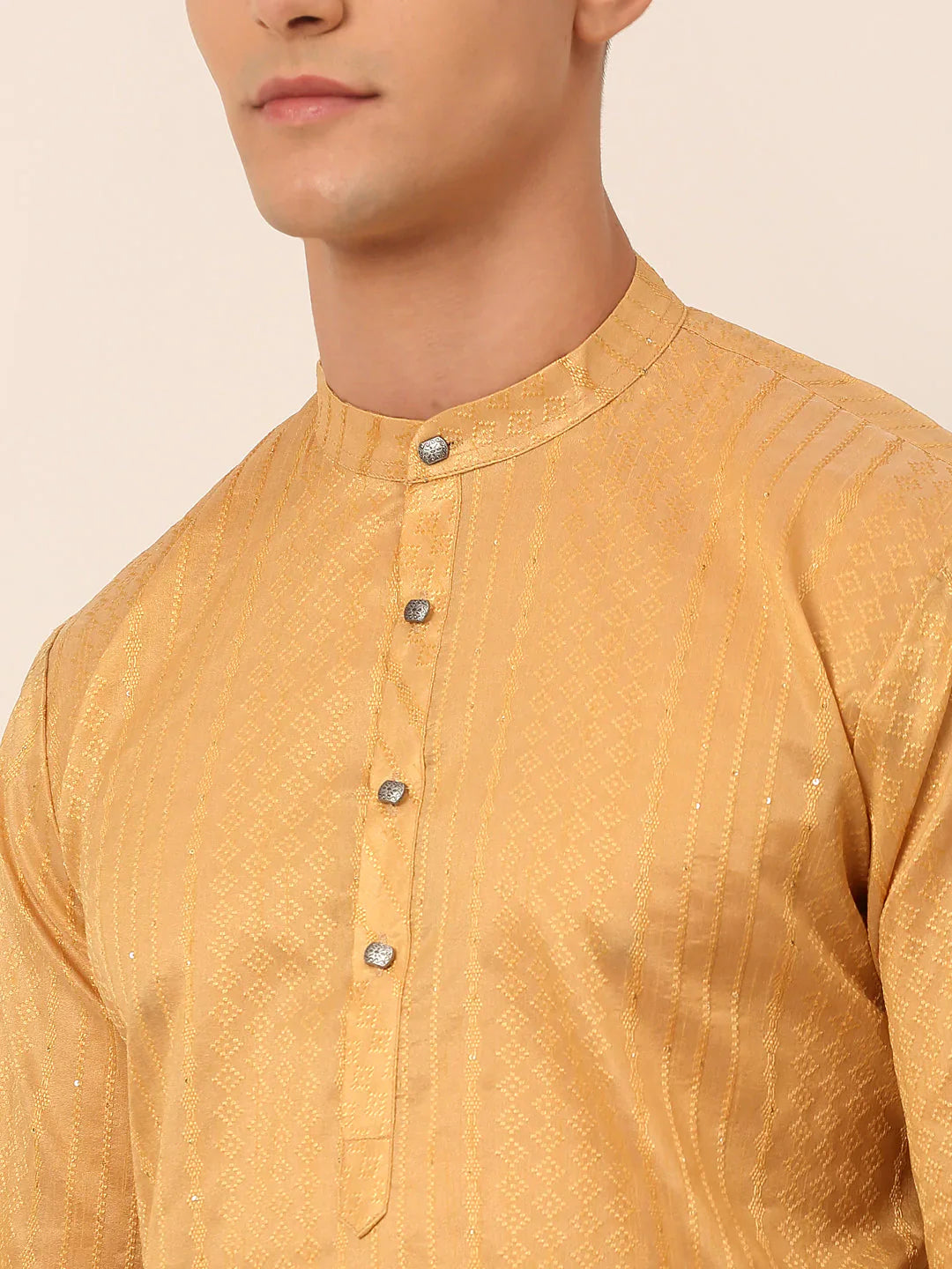 Jompers Men's Silk Blend Sequence Embroidered Kurta Pyjama Set - Beige - Distacart