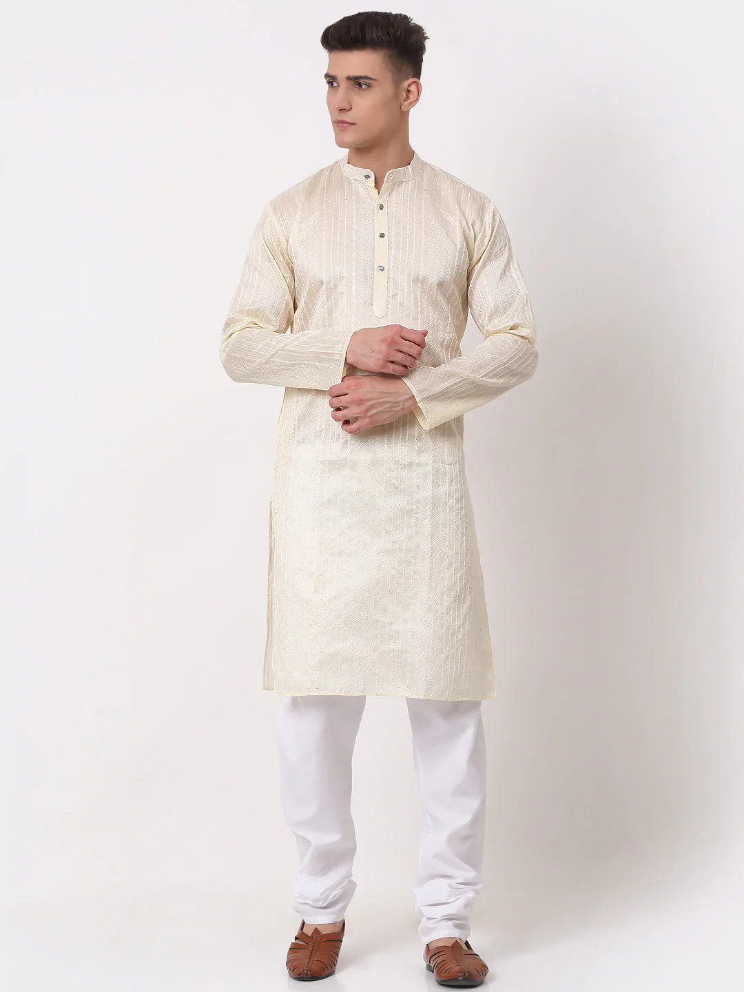 Jompers Men's Silk Blend Sequence Embroidered Kurta Pyjama Set - Cream - Distacart