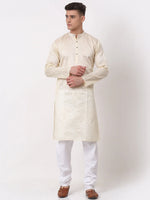 Thumbnail for Jompers Men's Silk Blend Sequence Embroidered Kurta Pyjama Set - Cream - Distacart