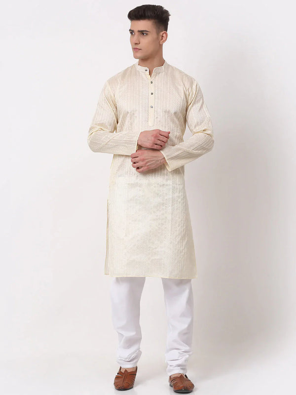 Jompers Men's Silk Blend Sequence Embroidered Kurta Pyjama Set - Cream - Distacart