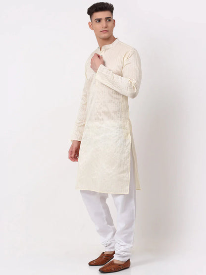 Jompers Men's Silk Blend Sequence Embroidered Kurta Pyjama Set - Cream - Distacart