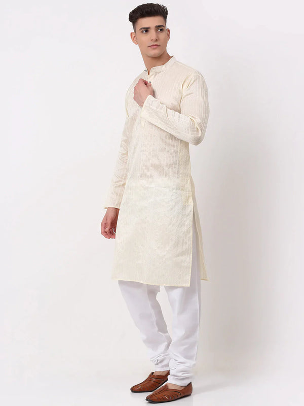 Jompers Men's Silk Blend Sequence Embroidered Kurta Pyjama Set - Cream - Distacart