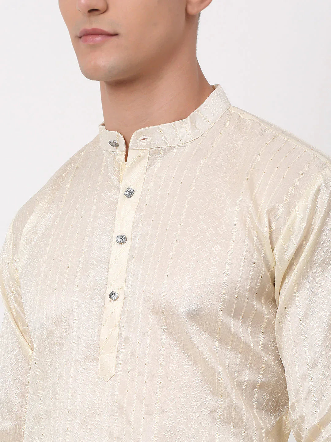 Jompers Men's Silk Blend Sequence Embroidered Kurta Pyjama Set - Cream - Distacart