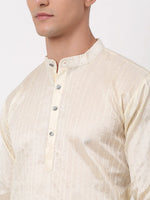 Thumbnail for Jompers Men's Silk Blend Sequence Embroidered Kurta Pyjama Set - Cream - Distacart