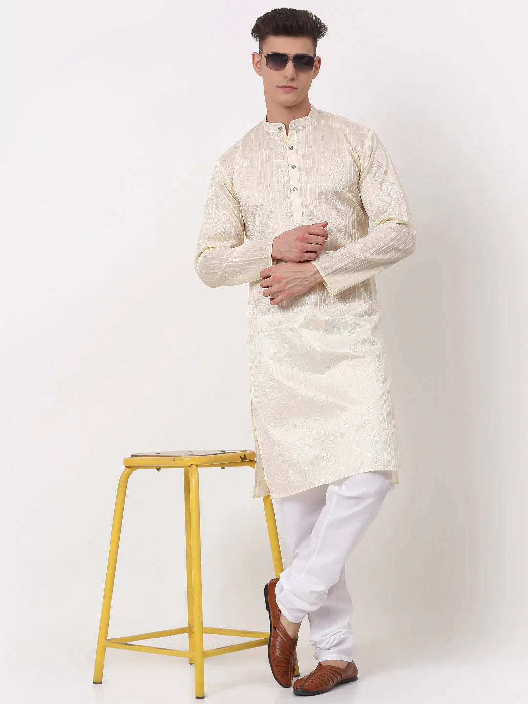 Jompers Men's Silk Blend Sequence Embroidered Kurta Pyjama Set - Cream - Distacart