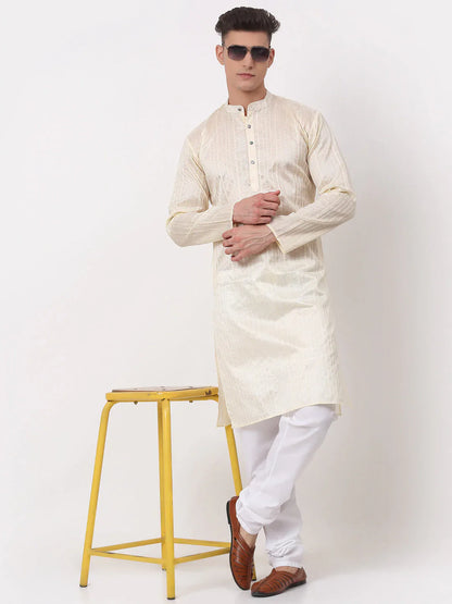 Jompers Men's Silk Blend Sequence Embroidered Kurta Pyjama Set - Cream - Distacart