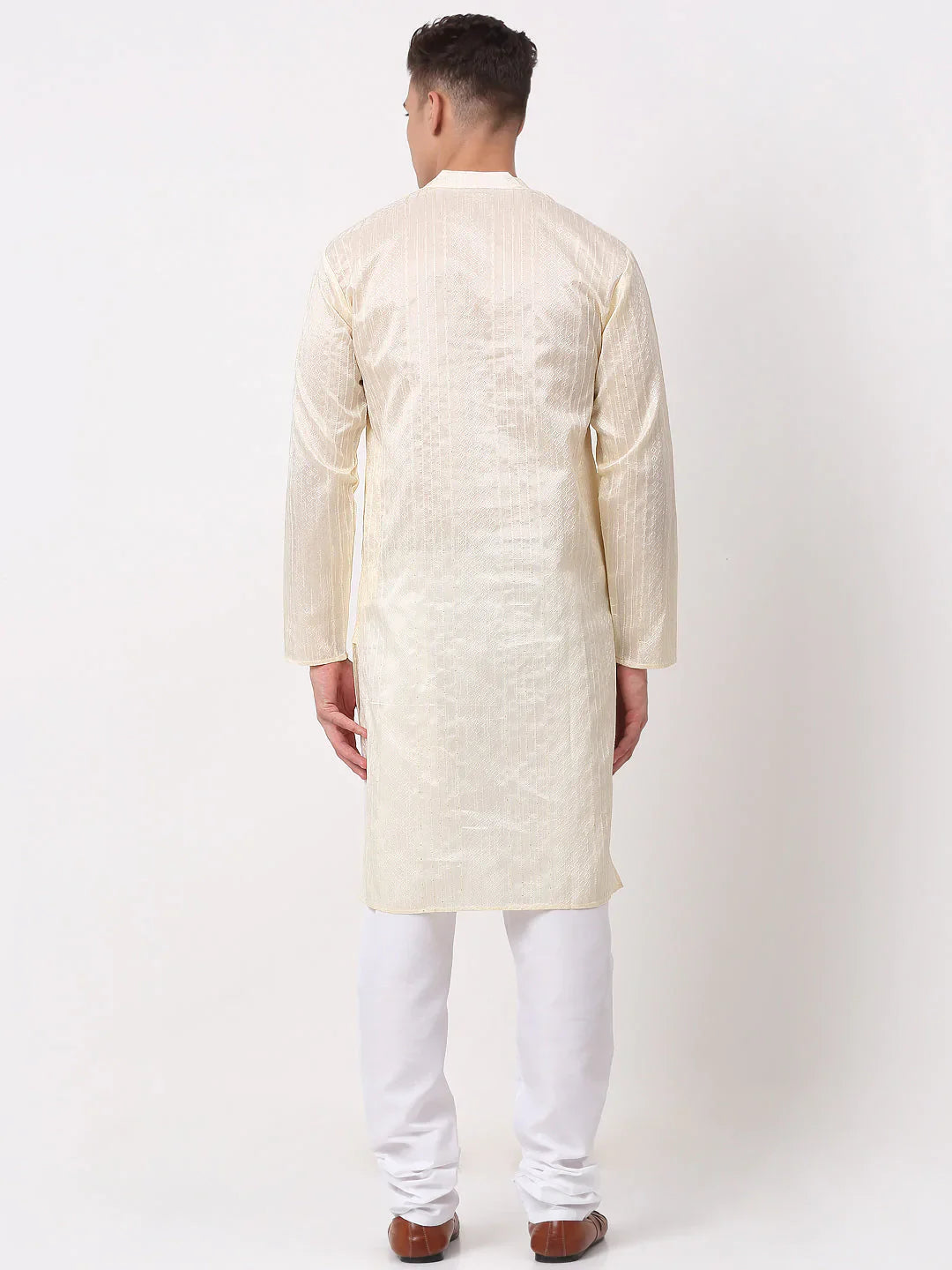 Jompers Men's Silk Blend Sequence Embroidered Kurta Pyjama Set - Cream - Distacart