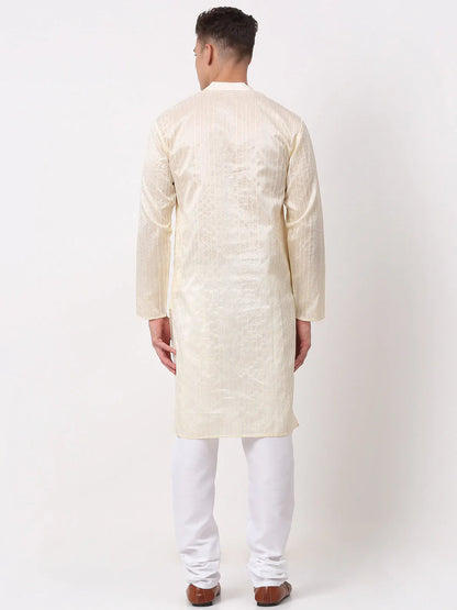 Jompers Men's Silk Blend Sequence Embroidered Kurta Pyjama Set - Cream - Distacart