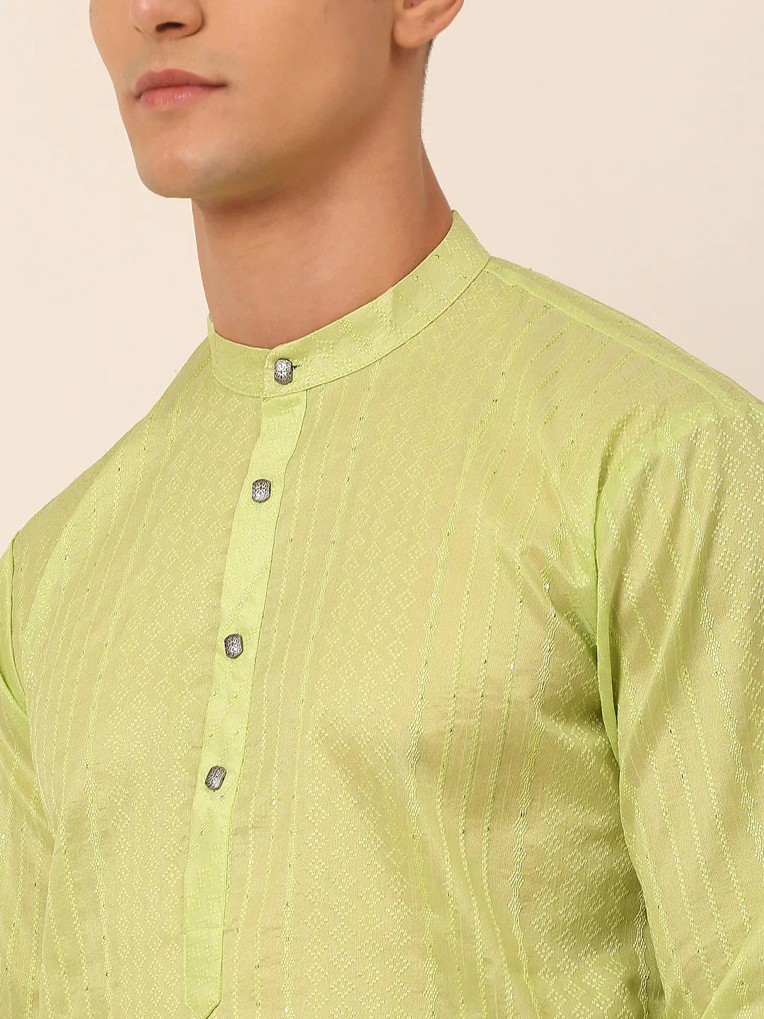 Jompers Men's Silk Blend Sequence Embroidered Kurta Pyjama Set - Green - Distacart
