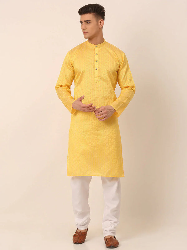 Jompers Men's Silk Blend Sequence Embroidered Kurta Pyjama Set - Yellow - Distacart