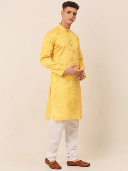 Jompers Men's Silk Blend Sequence Embroidered Kurta Pyjama Set - Yellow - Distacart