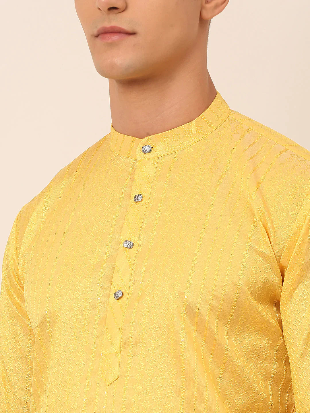 Jompers Men's Silk Blend Sequence Embroidered Kurta Pyjama Set - Yellow - Distacart