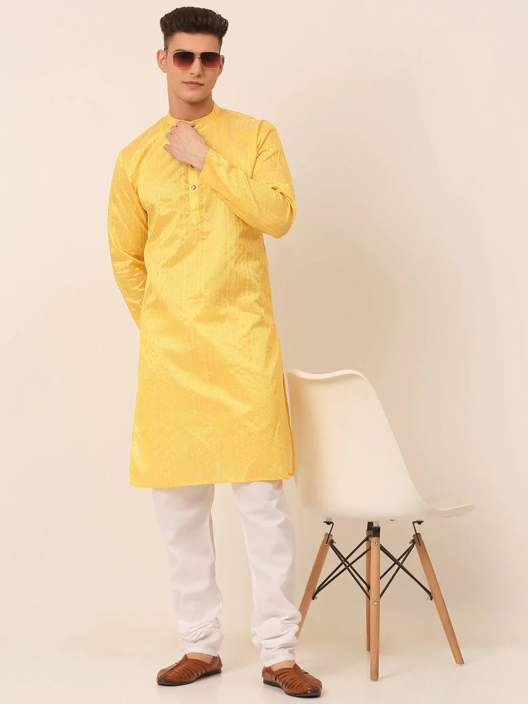 Jompers Men's Silk Blend Sequence Embroidered Kurta Pyjama Set - Yellow - Distacart