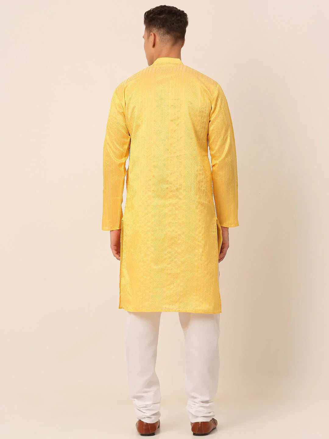 Jompers Men's Silk Blend Sequence Embroidered Kurta Pyjama Set - Yellow - Distacart