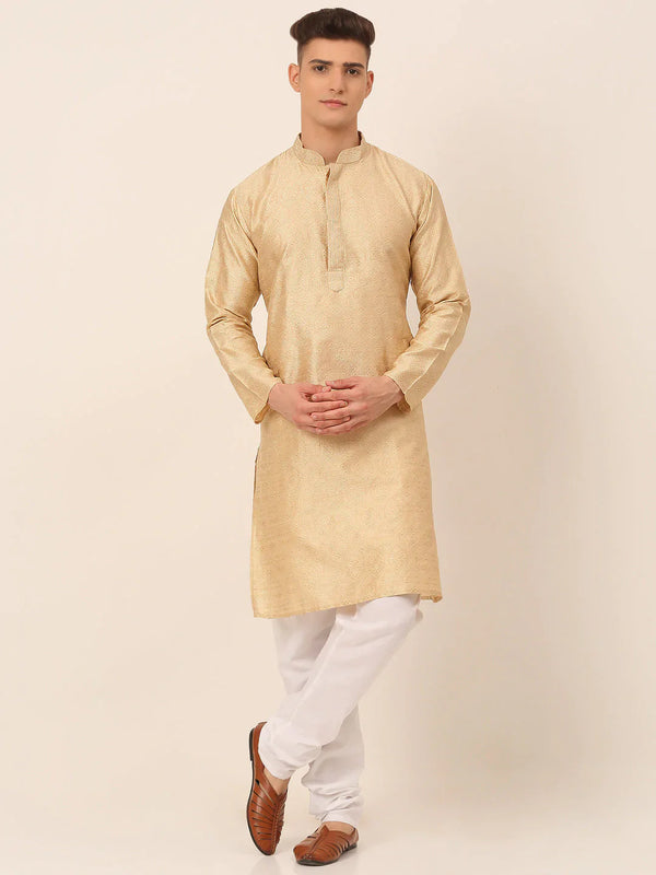 Jompers Men's Silk Blend Collar Embroidered Kurta Pyjama Set - Beige - Distacart