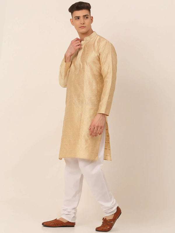 Jompers Men's Silk Blend Collar Embroidered Kurta Pyjama Set - Beige - Distacart