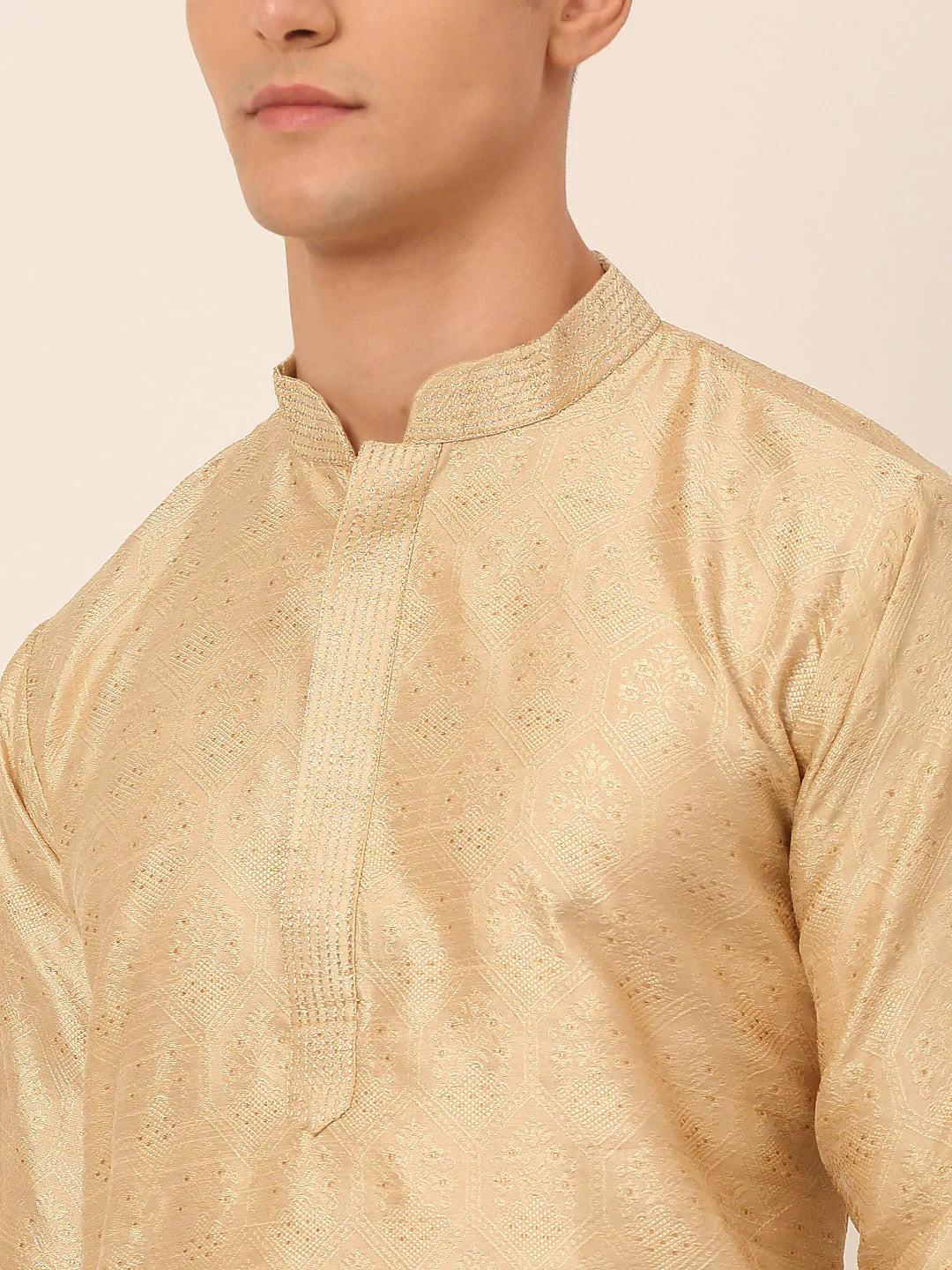 Jompers Men's Silk Blend Collar Embroidered Kurta Pyjama Set - Beige - Distacart