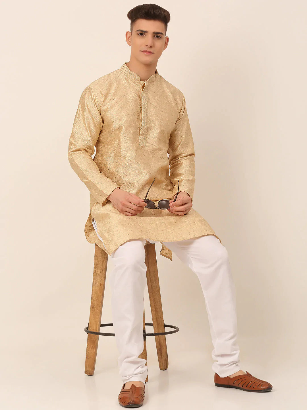 Jompers Men's Silk Blend Collar Embroidered Kurta Pyjama Set - Beige - Distacart