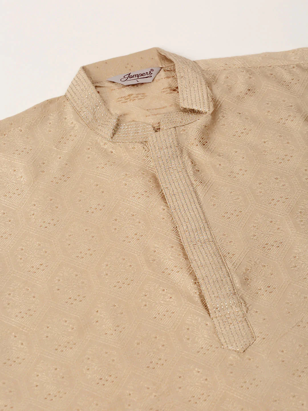 Jompers Men's Silk Blend Collar Embroidered Kurta Pyjama Set - Beige - Distacart