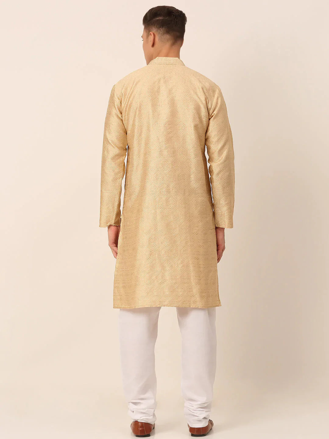 Jompers Men's Silk Blend Collar Embroidered Kurta Pyjama Set - Beige - Distacart