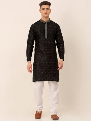 Jompers Men's Silk Blend Collar Embroidered Kurta Pyjama Set - Black - Distacart