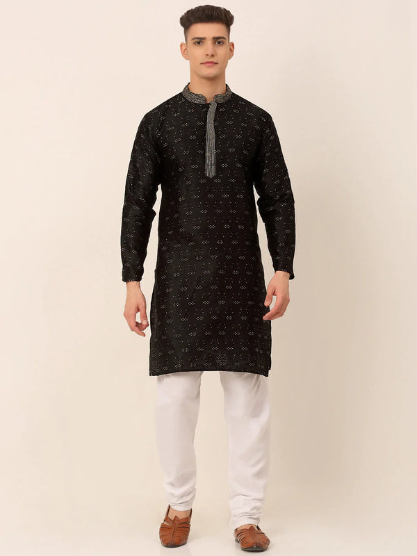 Jompers Men's Silk Blend Collar Embroidered Kurta Pyjama Set - Black - Distacart