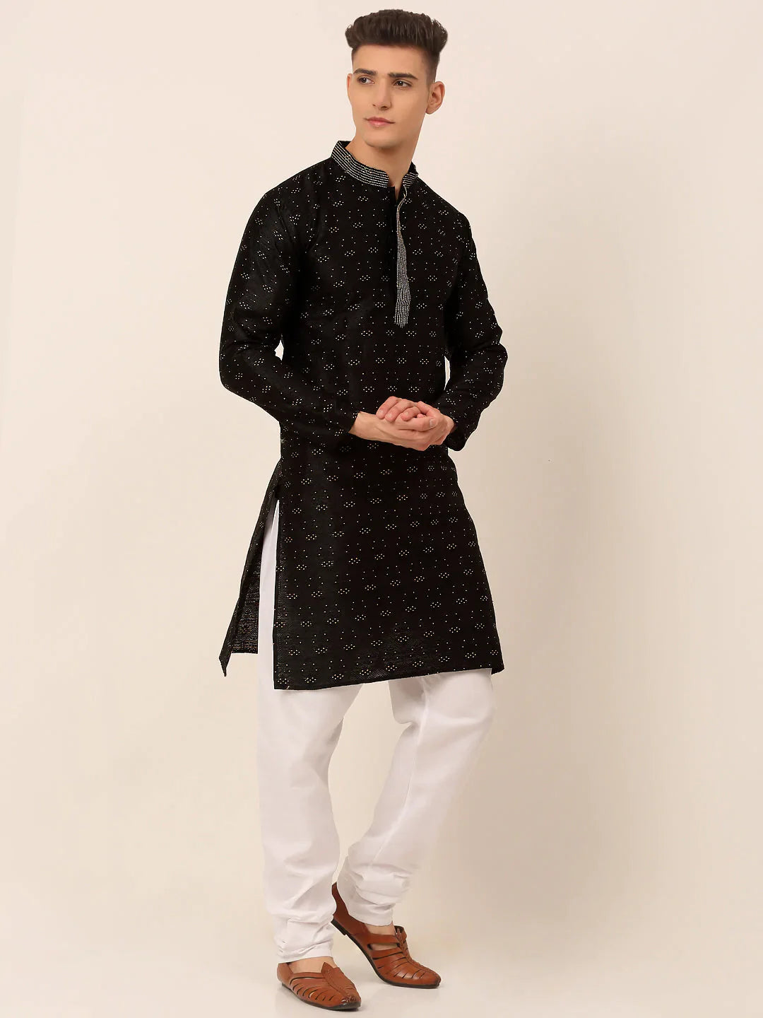 Jompers Men's Silk Blend Collar Embroidered Kurta Pyjama Set - Black - Distacart