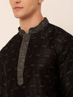 Thumbnail for Jompers Men's Silk Blend Collar Embroidered Kurta Pyjama Set - Black - Distacart