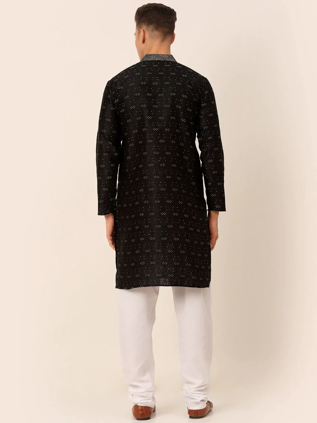 Jompers Men's Silk Blend Collar Embroidered Kurta Pyjama Set - Black - Distacart