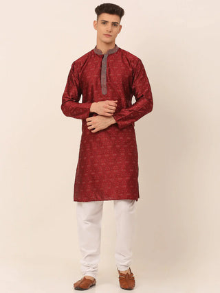 Jompers Men's Silk Blend Collar Embroidered Kurta Pyjama Set - Maroon - Distacart