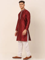 Thumbnail for Jompers Men's Silk Blend Collar Embroidered Kurta Pyjama Set - Maroon - Distacart