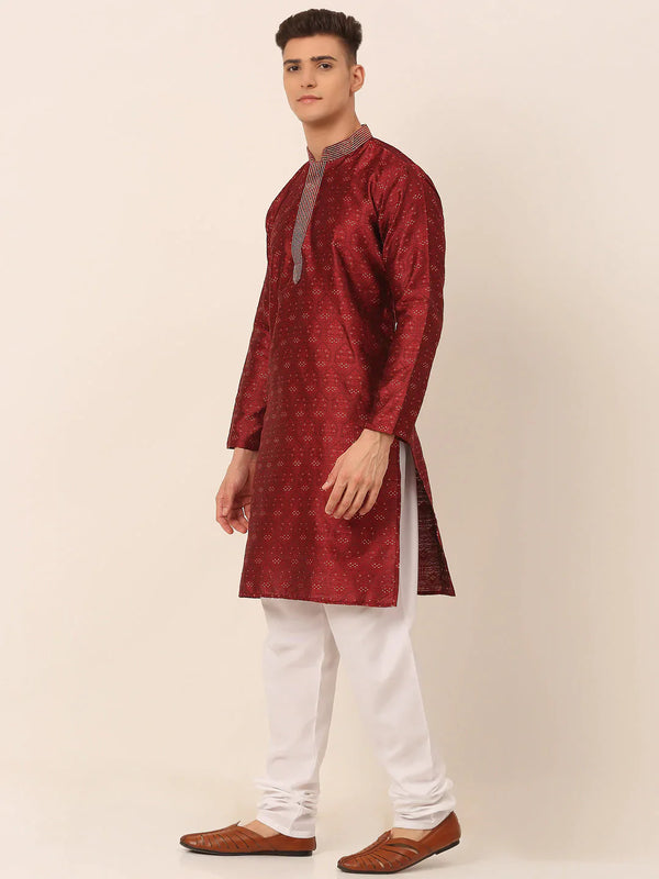 Jompers Men's Silk Blend Collar Embroidered Kurta Pyjama Set - Maroon - Distacart