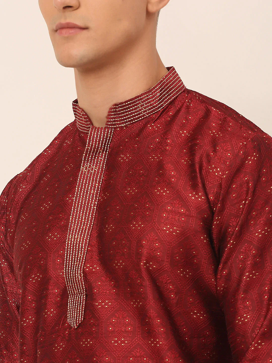 Jompers Men's Silk Blend Collar Embroidered Kurta Pyjama Set - Maroon - Distacart