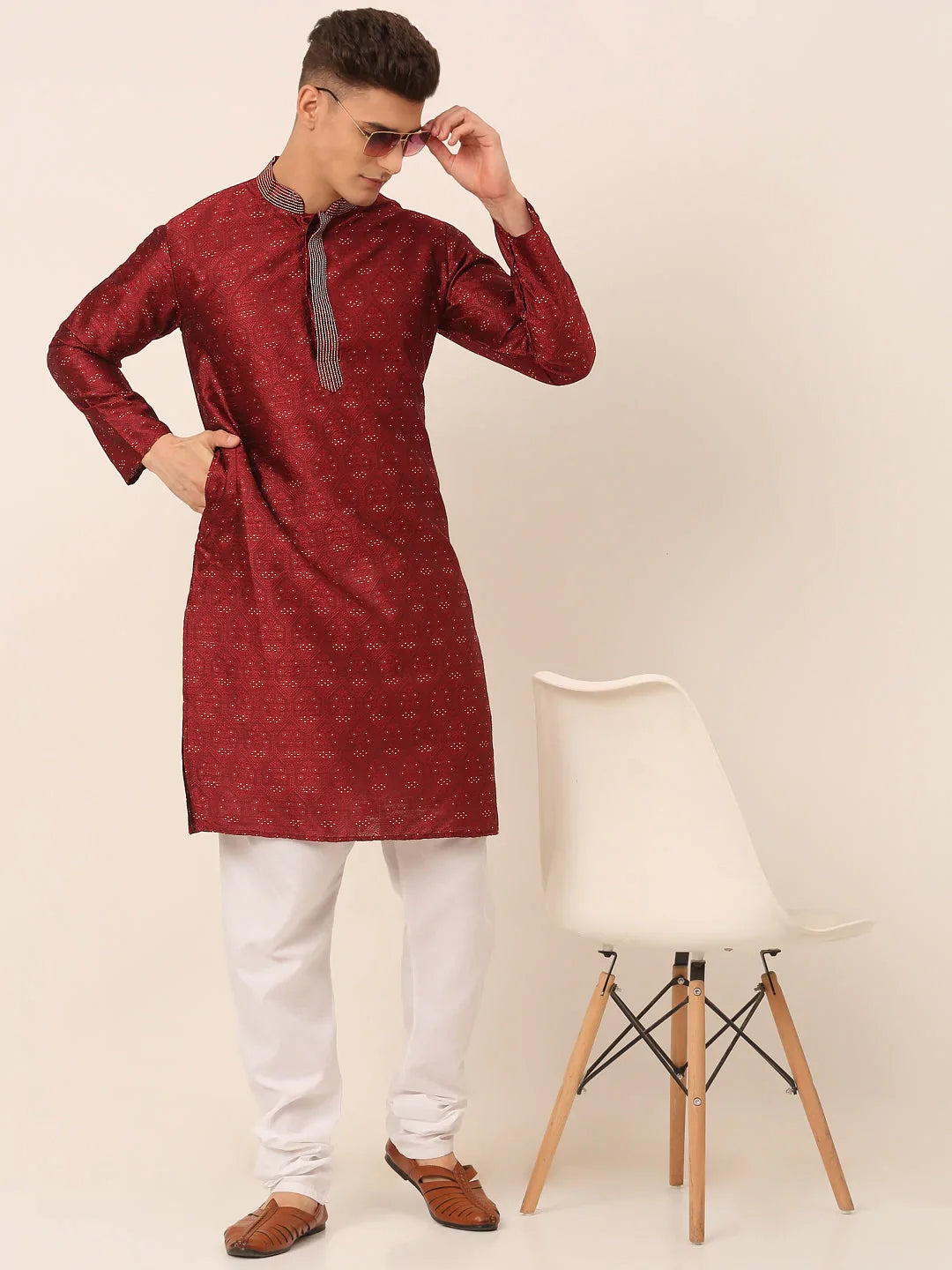 Jompers Men's Silk Blend Collar Embroidered Kurta Pyjama Set - Maroon - Distacart