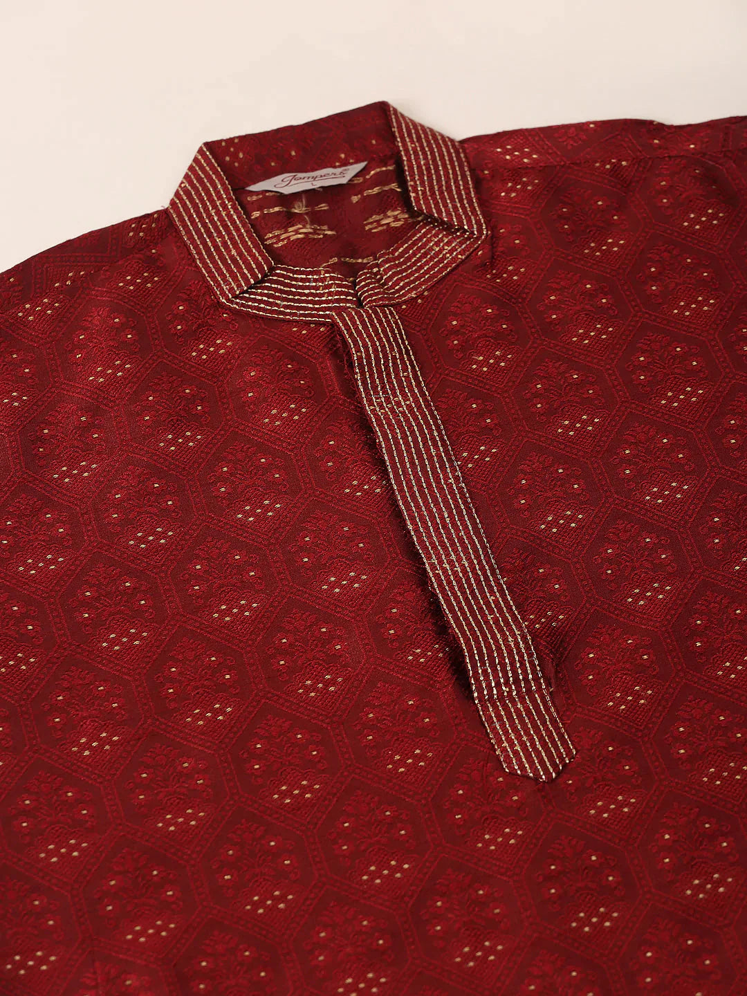Jompers Men's Silk Blend Collar Embroidered Kurta Pyjama Set - Maroon - Distacart