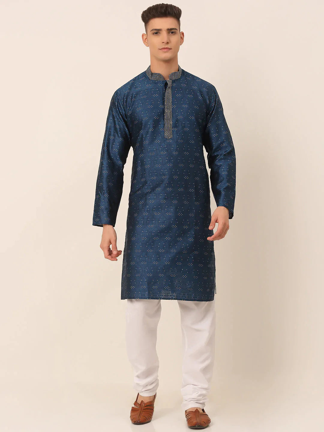 Jompers Men's Silk Blend Collar Embroidered Kurta Pyjama Set - Peacock - Distacart