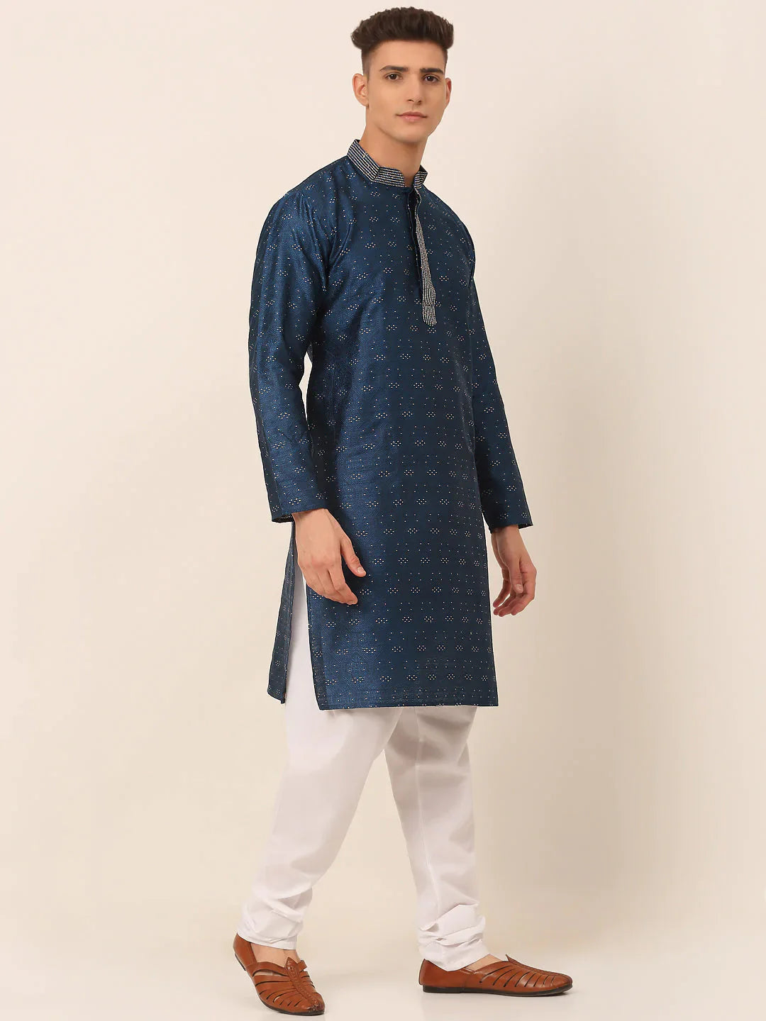 Jompers Men's Silk Blend Collar Embroidered Kurta Pyjama Set - Peacock - Distacart