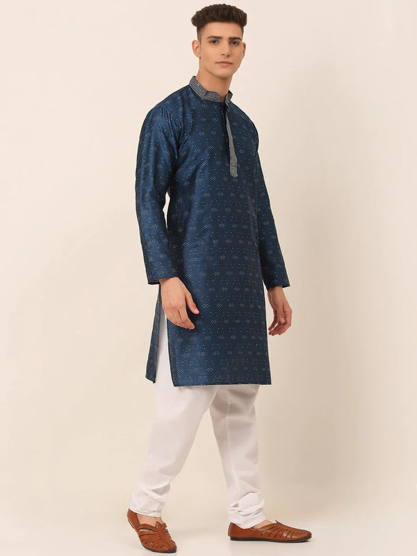 Jompers Men's Silk Blend Collar Embroidered Kurta Pyjama Set - Peacock - Distacart