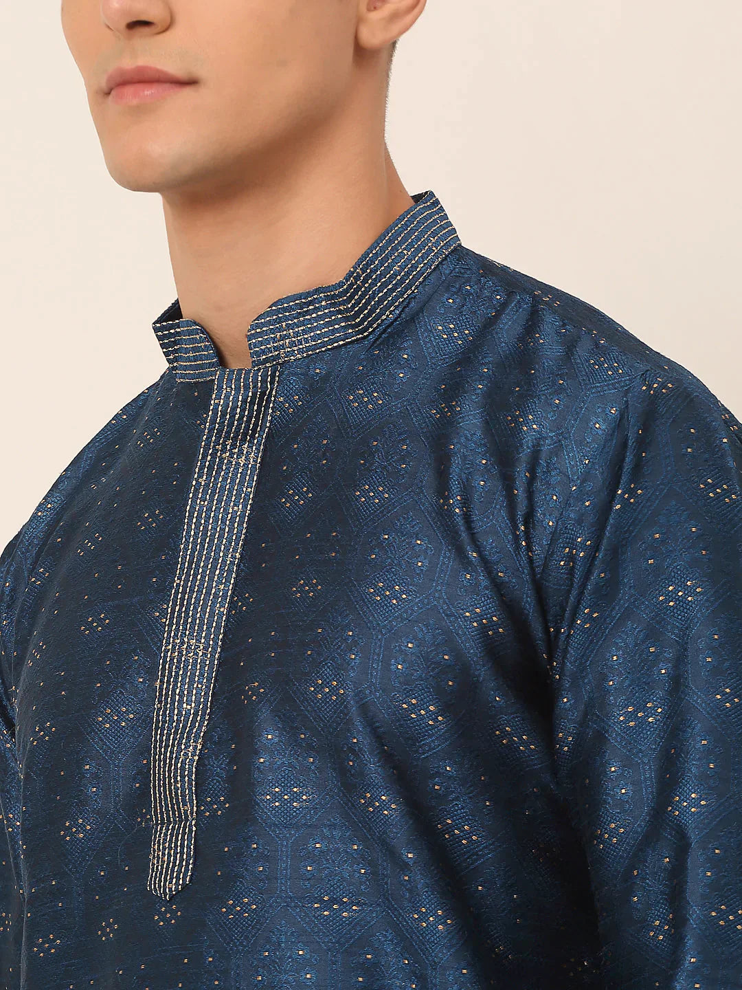 Jompers Men's Silk Blend Collar Embroidered Kurta Pyjama Set - Peacock - Distacart