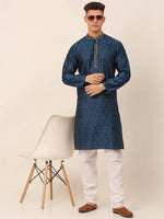 Thumbnail for Jompers Men's Silk Blend Collar Embroidered Kurta Pyjama Set - Peacock - Distacart
