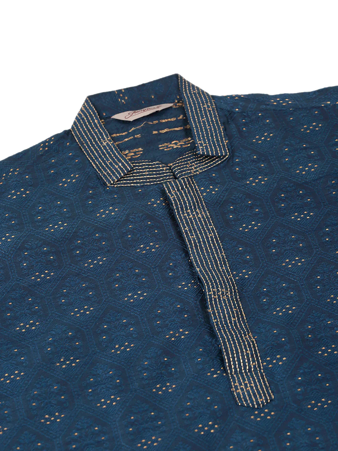 Jompers Men's Silk Blend Collar Embroidered Kurta Pyjama Set - Peacock - Distacart